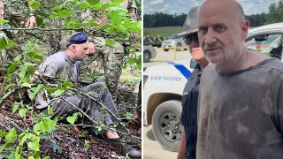 This combo of images released by the Arkansas Department of Corrections shows the recapture of escaped inmate Grant Hardin, an ex-police chief and convicted killer, by Arkansas law enforcement officers and the U.S. Border Patrol , Friday, June 6, 2025, near Moccasin Creek in Izard County, about 1.5 miles (2.4 kilometers) northwest of Calico Rock prison