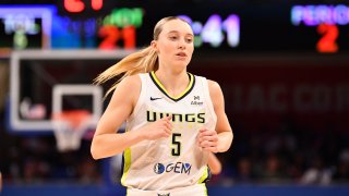 May 29, 2025; Chicago, Illinois, USA; Dallas Wings guard Paige Bueckers (5) is seen during the first half against the Chicago Sky at the Wintrust Arena. Mandatory Credit: Patrick Gorski-Imagn Images